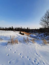 Scenic view of snow covered field against sky