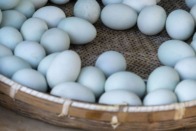 High angle view of eggs in basket