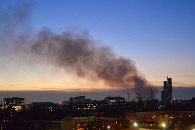 Smoke emitting from factory against clear sky