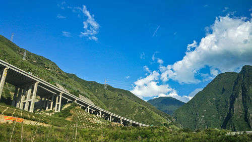 Panoramic view of mountains against blue sky