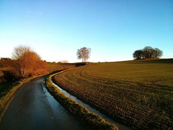 Scenic view of landscape against clear blue sky