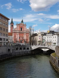 Arch bridge over river against buildings in city