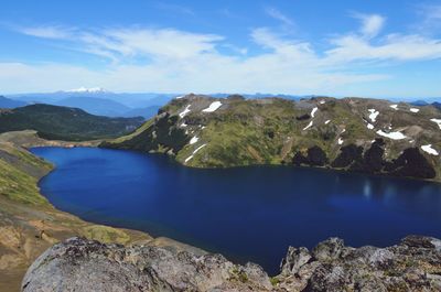 Scenic view of lake and mountains against sky