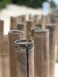 Close-up of old wooden post on table