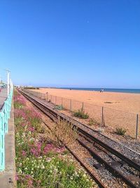 Scenic view of sea against clear blue sky