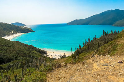 Scenic view of sea against clear blue sky