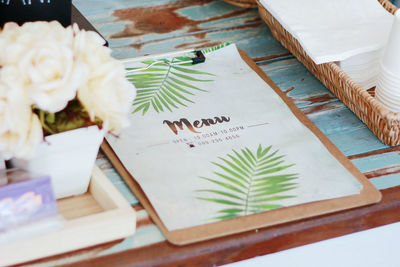 High angle view of open book on table