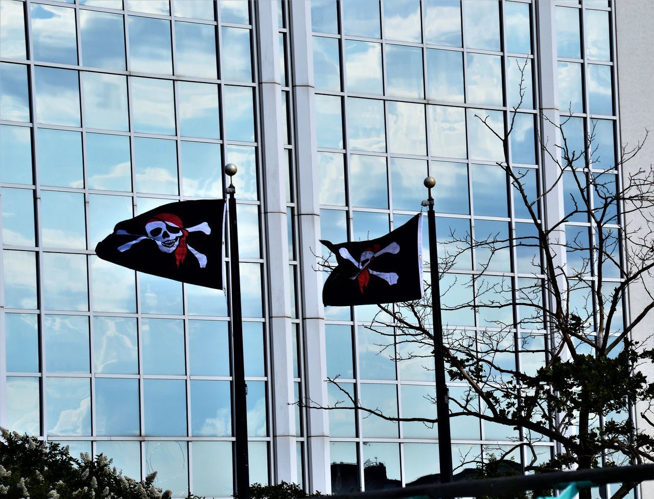LOW ANGLE VIEW OF FLAGS ON GLASS BUILDING