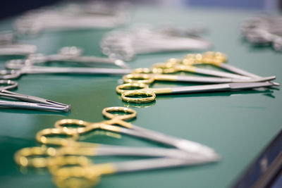 Close-up of coins on table