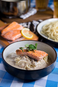 Close-up of meal served in bowl on table