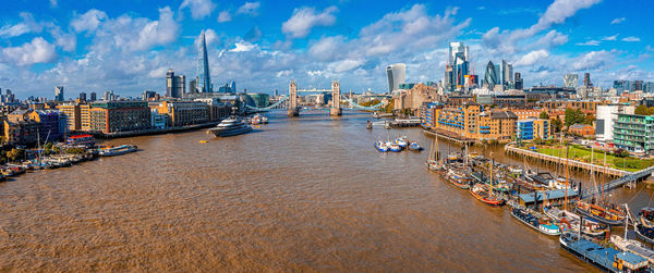 Aerial panoramic cityscape view of the london tower bridge