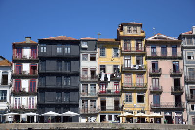 Residential buildings against clear blue sky