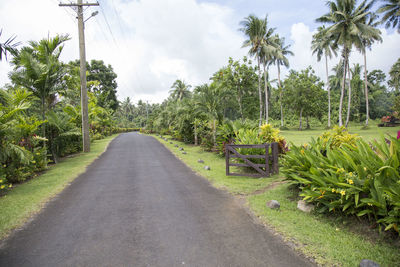 Open wooden gate next to empty road crossing tropical gardens, samoa