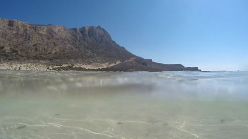 Scenic view of sea and mountains against clear blue sky