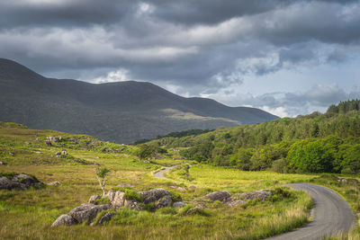 Winding country road leading trough valley, molls gap in macgillycuddys reeks mountains, ireland