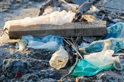 Close-up of garbage on beach