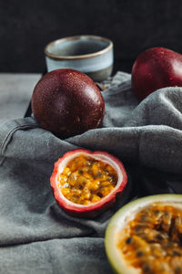 High angle view of fruits in bowl on table