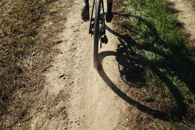 Cyclist on a gravel road, between fields.