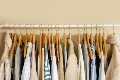 Close-up of clothes hanging on rack