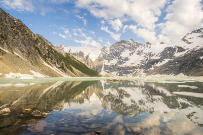 Scenic view of lake and mountains against sky