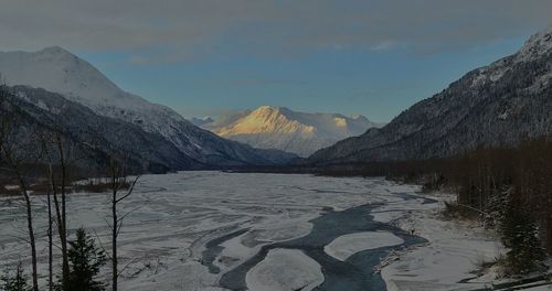 Scenic view of snowcapped mountains against sky during winter