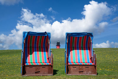 Dikes of pellworm with beach chairs, north frisia, germany