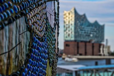 Close-up of fishing net at harbor against buildings