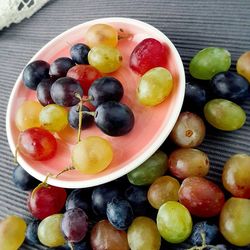 High angle view of various fruits in container