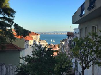 Houses by sea against sky