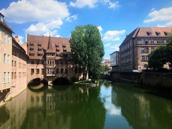 Canal in city against sky