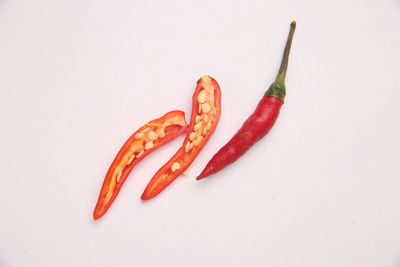 High angle view of red chili pepper against white background