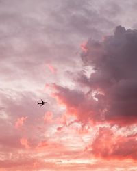 Low angle view of silhouette airplane flying against dramatic sky