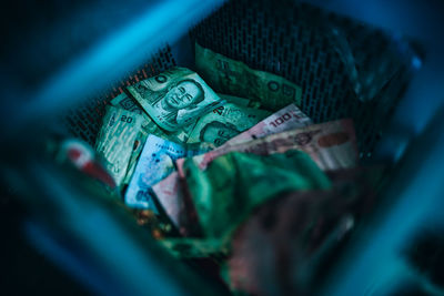 Close-up of currency in basket
