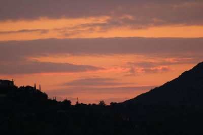 Silhouette landscape against dramatic sky during sunset