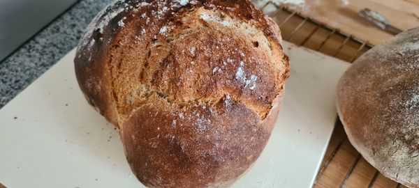 High angle view of bread in plate on table