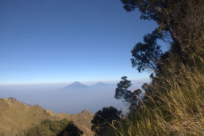 Scenic view of mountains against clear blue sky