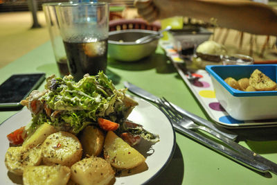 Close-up of food served on table