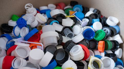 High angle view of multi colored objects on table