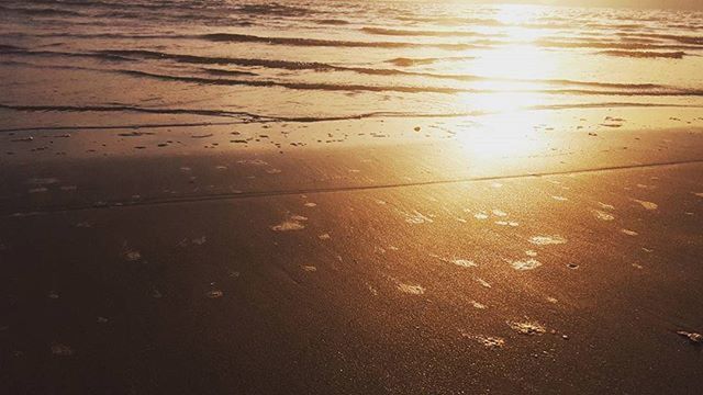 beach, water, sand, shore, tranquility, sea, reflection, sunlight, sunset, nature, wet, beauty in nature, sun, tranquil scene, high angle view, scenics, outdoors, idyllic, no people, footprint