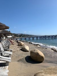 Scenic view of beach against clear blue sky