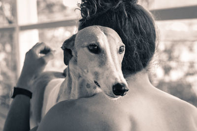 Rear view of person embracing dog