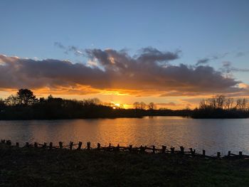 Scenic view of lake against sky during sunset