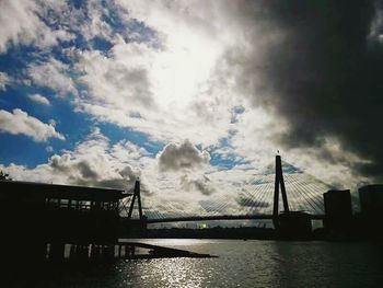 Bridge over river against cloudy sky