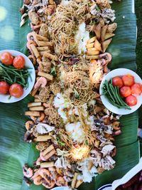 High angle view of fruits in plate on table