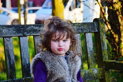 Cute girl sitting on bench in city