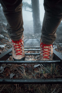 Lower section with hiking boots standing on ladder