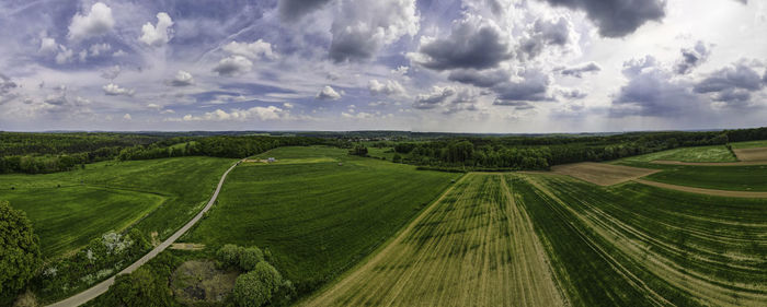 High angle view of agricultural field against sky