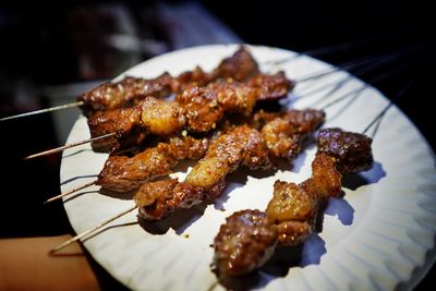 High angle view of meat in plate on table