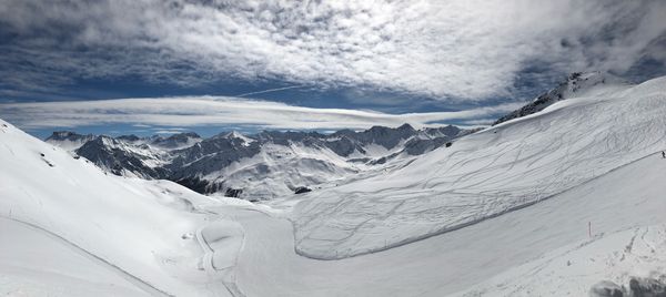 Scenic view of snowcapped mountains against sky