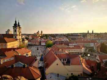 High angle view of townscape against sky in city